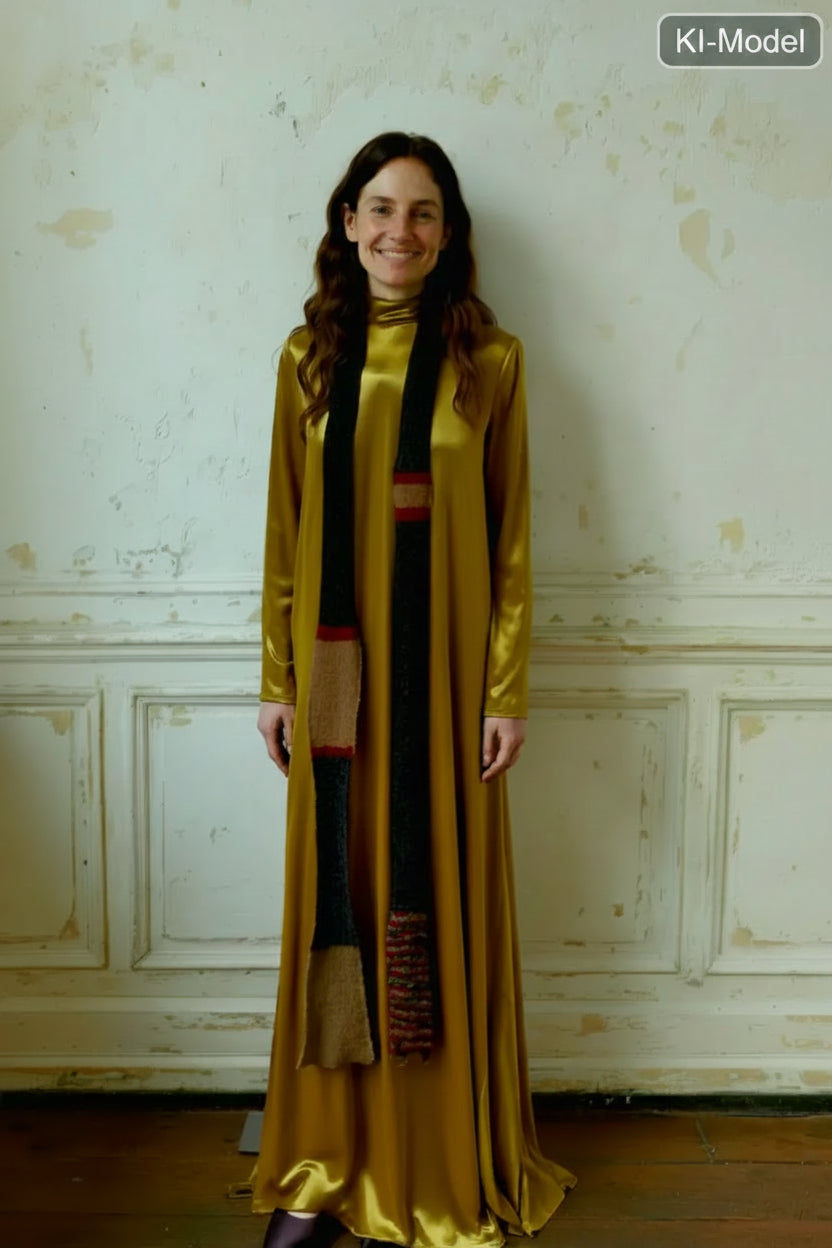Handgefertigter 250cm Skinny Schal aus Alpaka-Mohair-Mix in Anthrazitbraun und Bordeauxrot, lässig getragen.