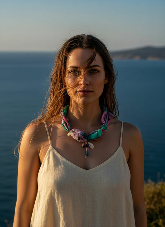 Collier aus Seide mit Edelsteinen und Kauri-Schnecke