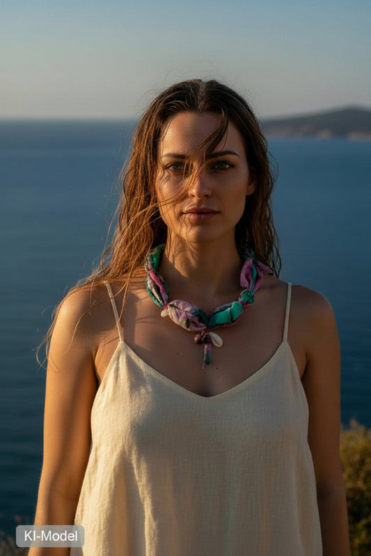 Collier aus Seide mit Edelsteinen und Kauri-Schnecke