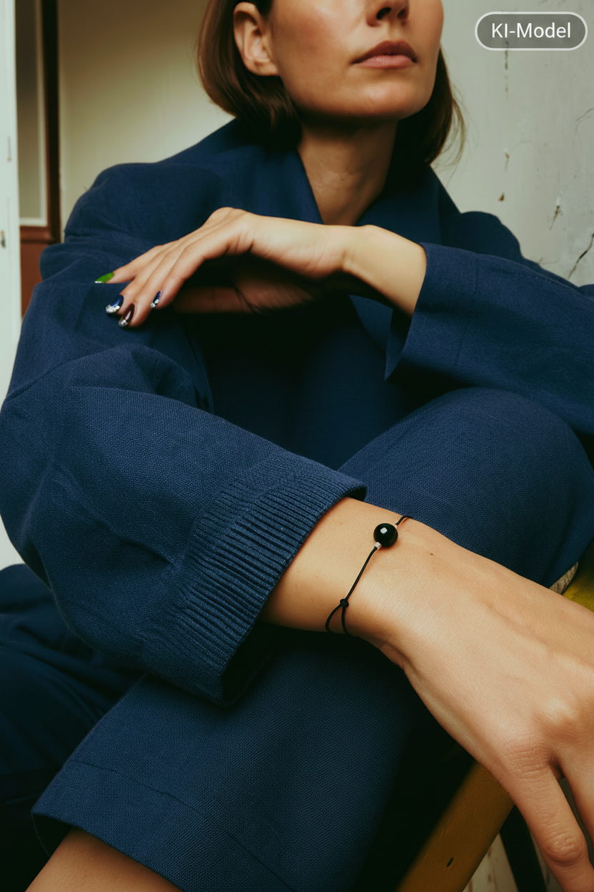 Frau mit blauem Leinenanzug trägt schlichtes Armband mit schwarzem Stein und Silber