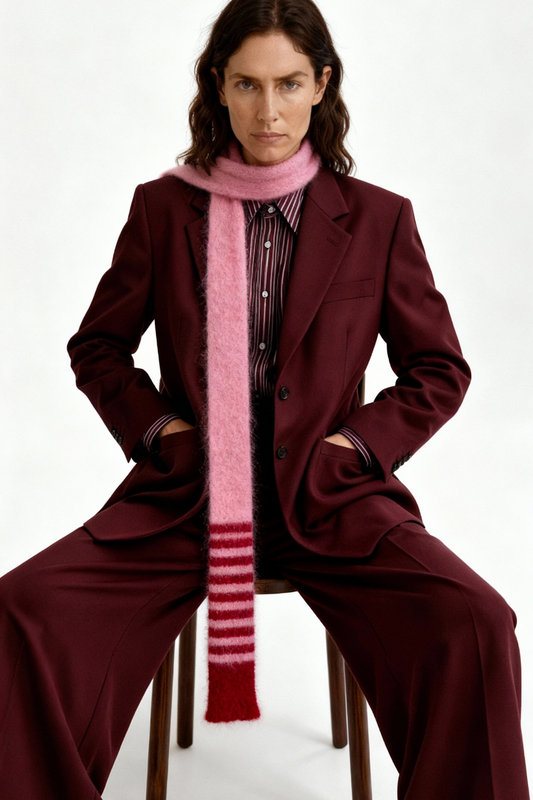 Statement Fluffy Skinny Schal – Mohair & Wolle in Rosa & Rot – Extra Lang (250cm) Unikat