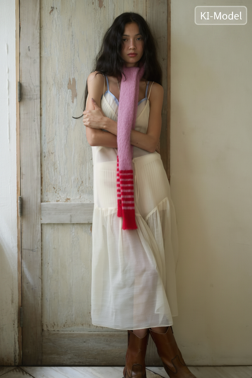 Statement Fluffy Skinny Schal – Mohair & Wolle in Rosa & Rot – Extra Lang (250cm) Unikat