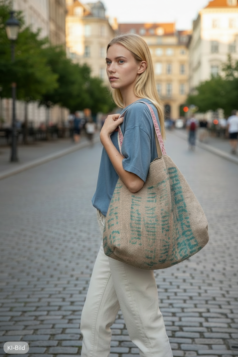 XL Shopper 'Trape' Natur - Vintage Kaffeesack, Leder rosa