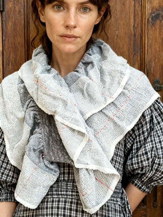 Handgewebter Loop-Schal - Grau weiß | Bioleinen Wolle | Einzigartige Handarbeit