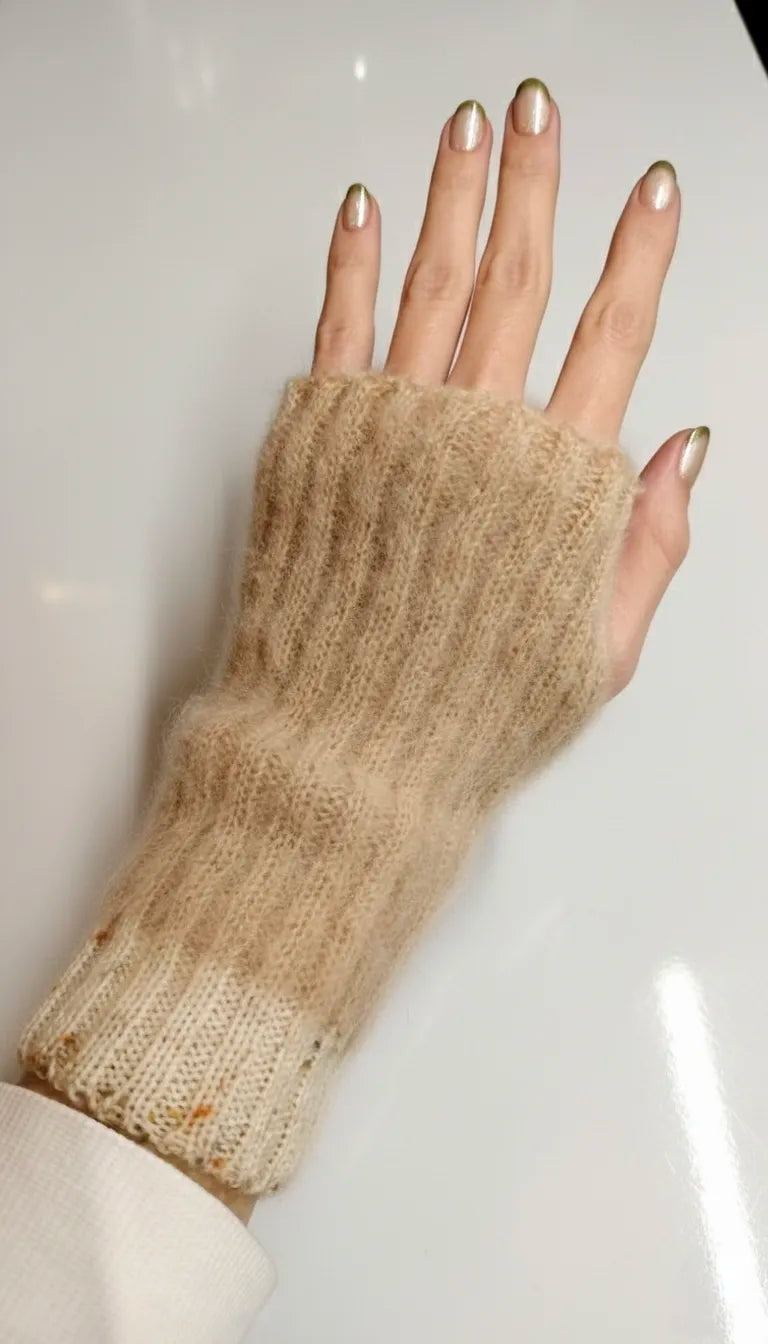 Fingerlose Handwärmer – Mohair & Merino – Beige Tweed