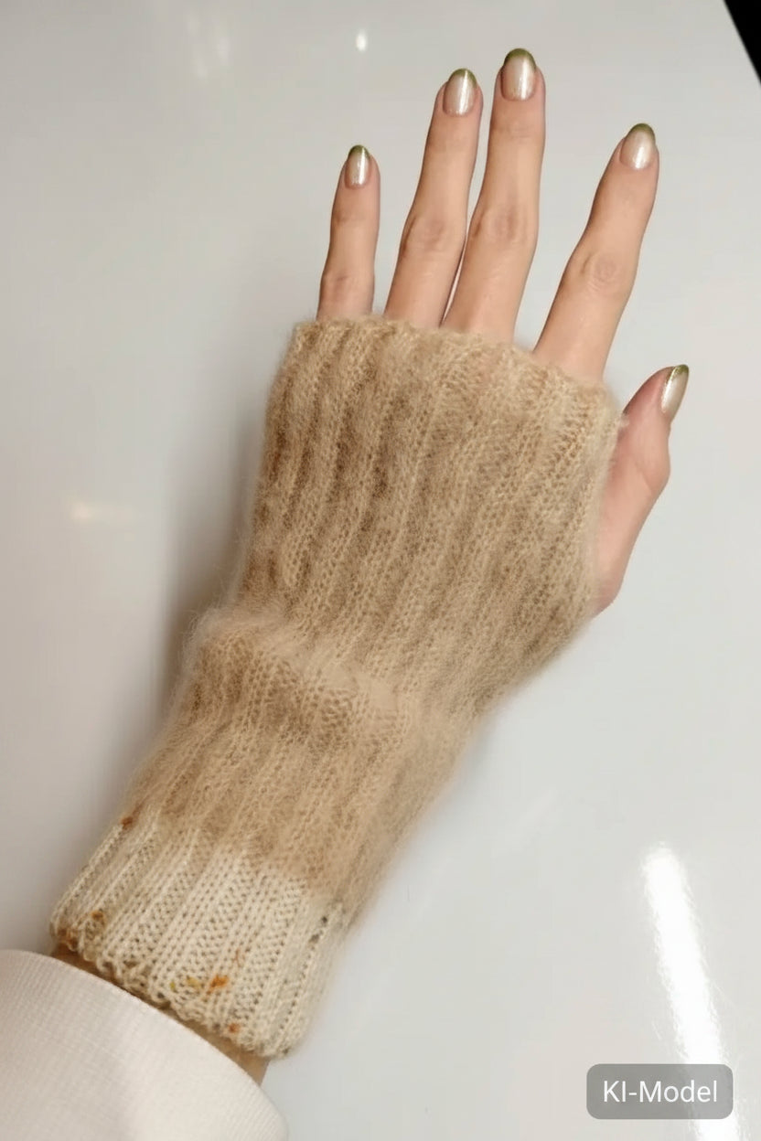 Fingerlose Handwärmer – Mohair & Merino – Beige Tweed