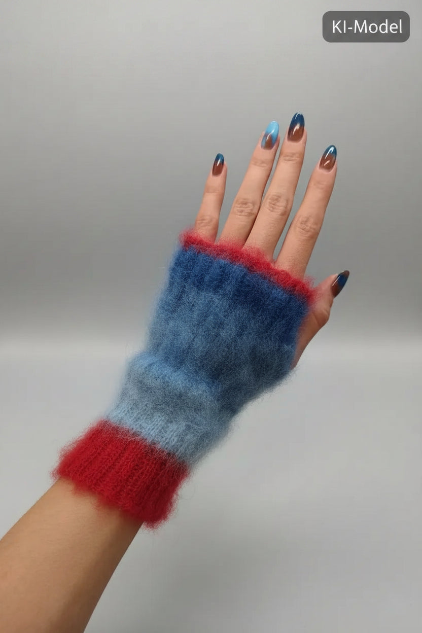 Fluffy Handstulpen – Alpaka & Mohair-Mix – Rot-Blau Ombré Unikate