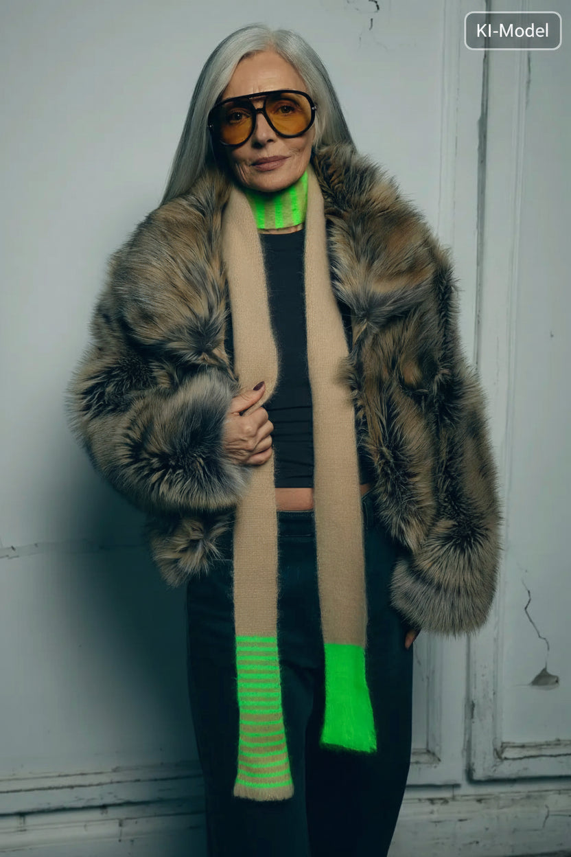 Skinny Schal aus Superkid Mohair-Mix – Unikat in Neon-Grün & Beige
