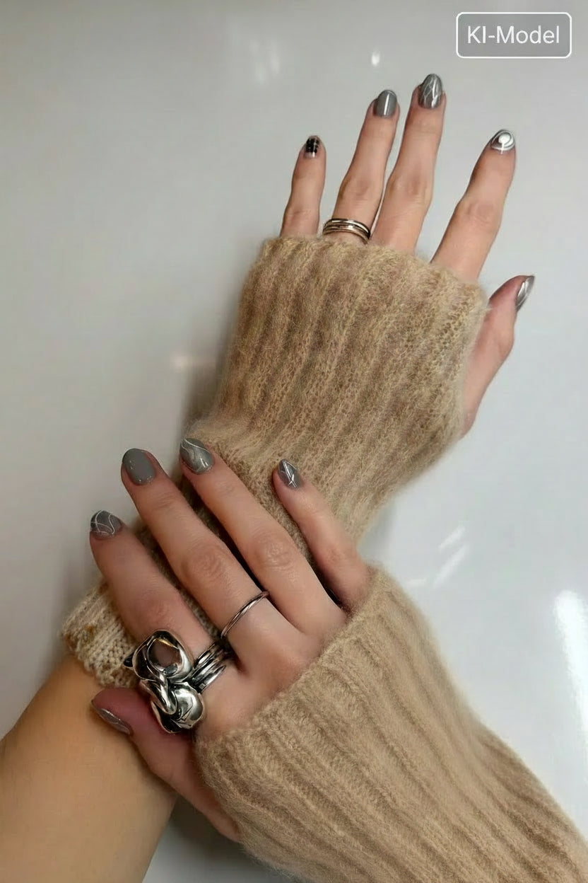 Fingerlose Handwärmer – Mohair & Merino – Beige Tweed