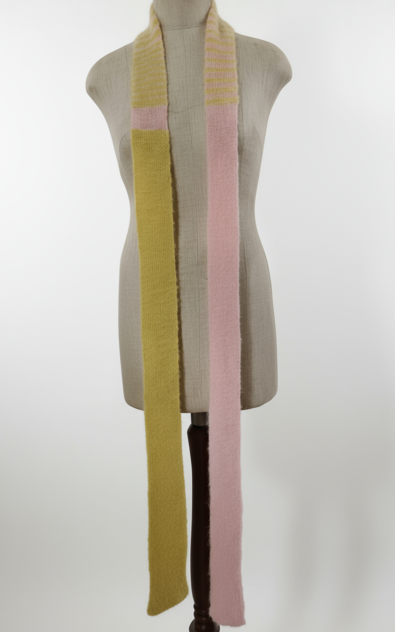 Unikat Fluffy Skinny Schal – Mohair/Wolle in Chartreuse & Rosa – Extra Lang (250cm)