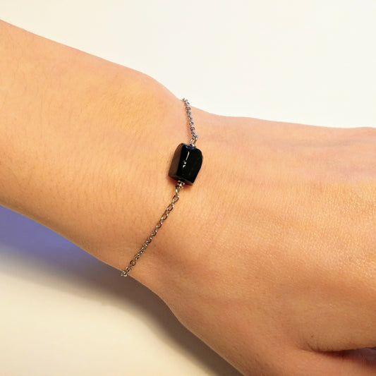 Schwarzer Turmalin & silber Armband schlicht schwarz | Edelstahl Schmuck