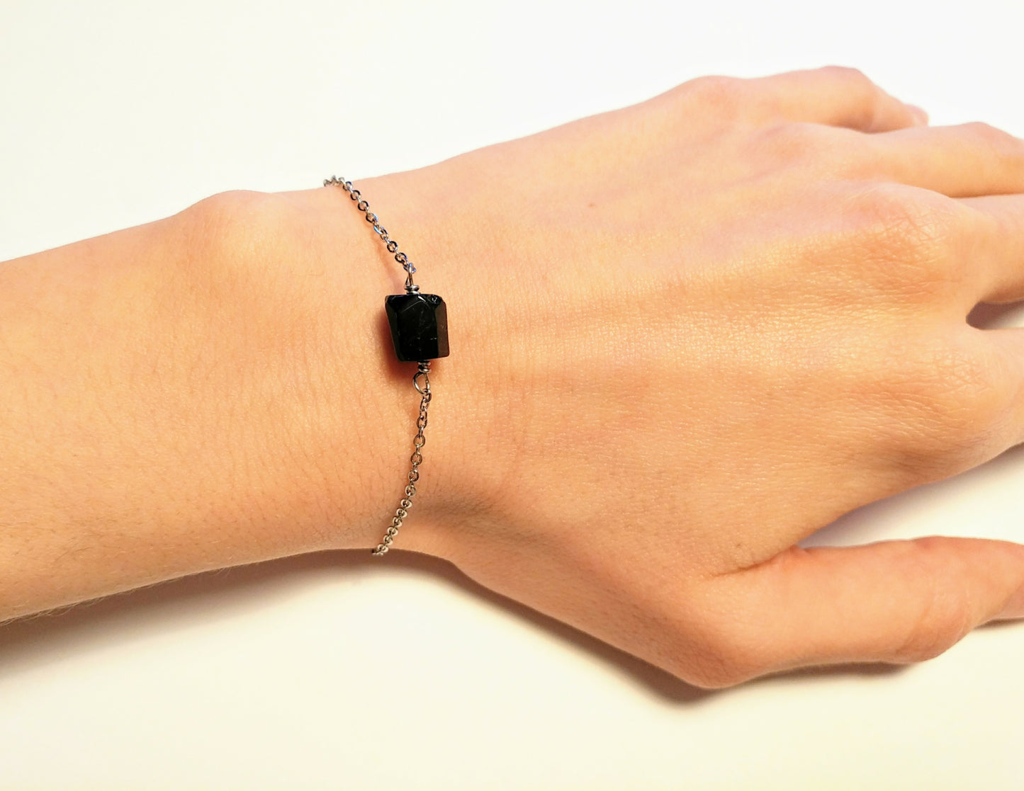 Schwarzer Turmalin & silber Armband schlicht schwarz | Edelstahl Schmuck