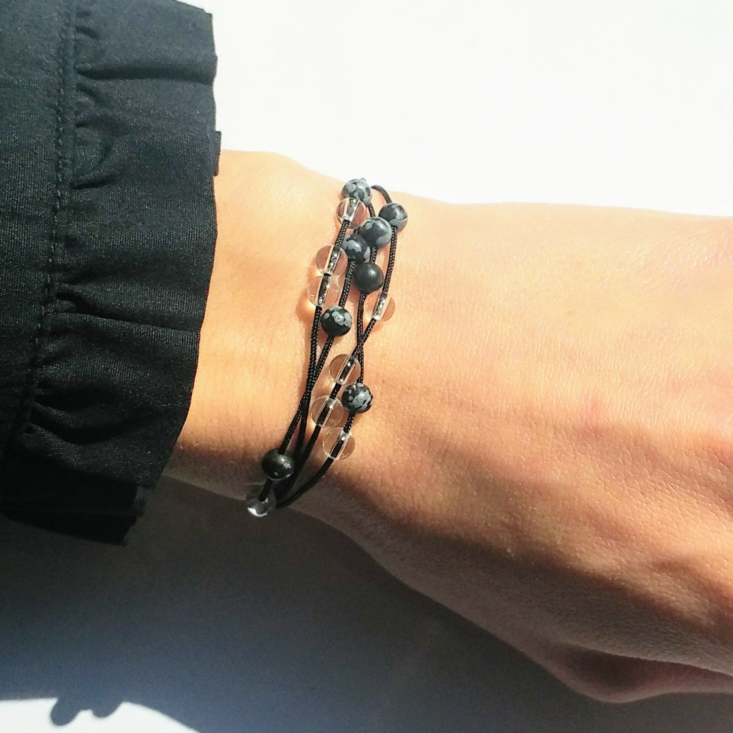 Armband schwarz grau - Schneeflockenobsidian Bergkristall - mehrstrangig