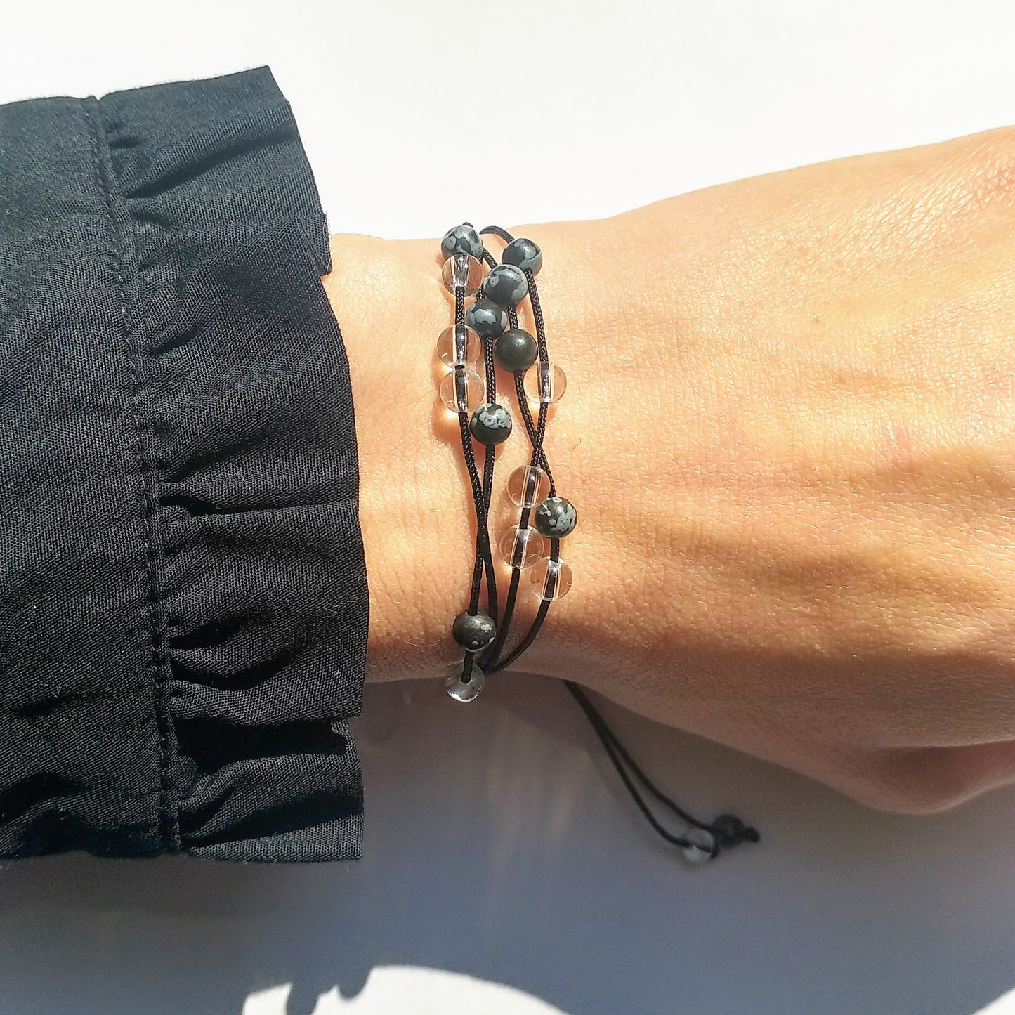 Armband schwarz grau - Schneeflockenobsidian Bergkristall - mehrstrangig