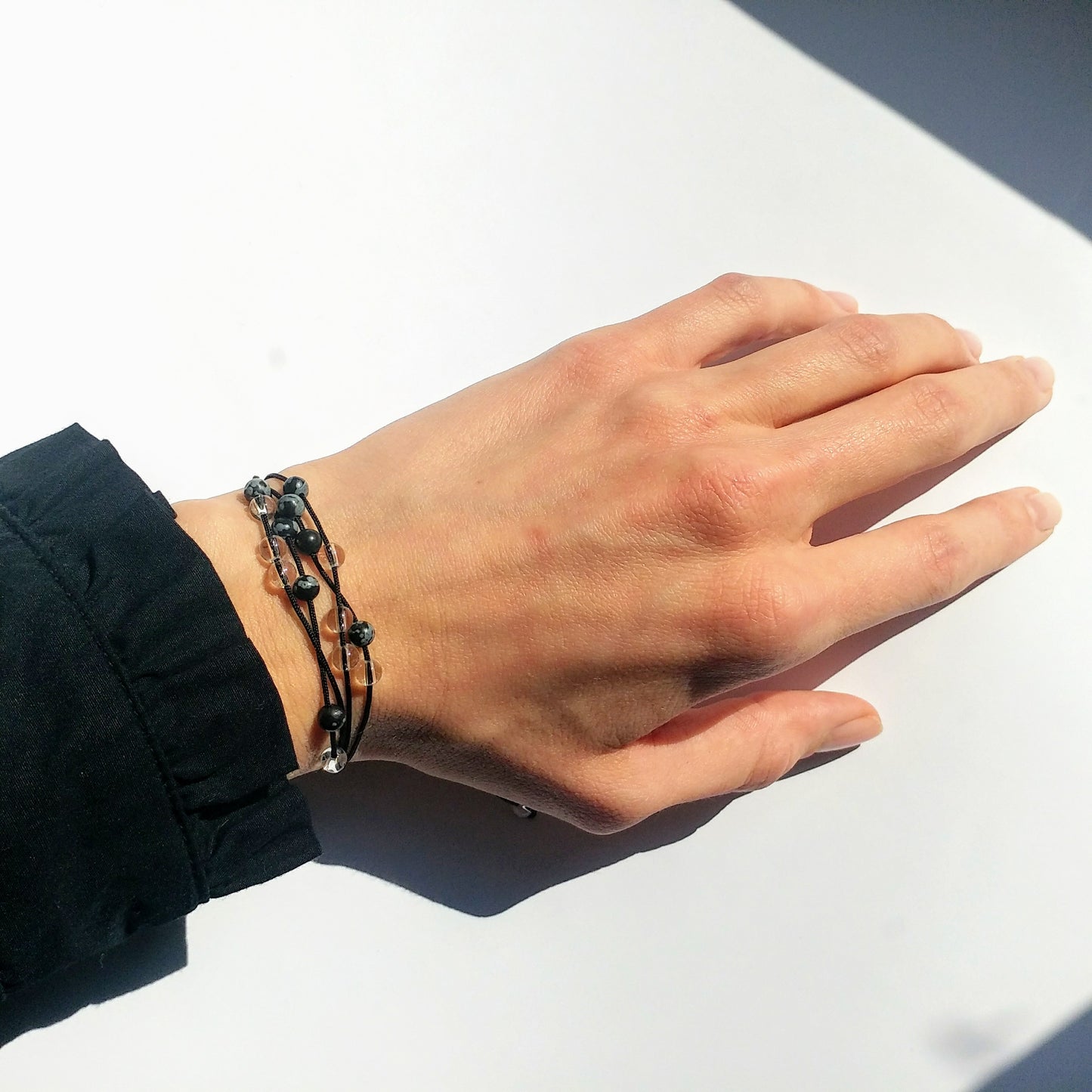 Armband schwarz grau - Schneeflockenobsidian Bergkristall - mehrstrangig