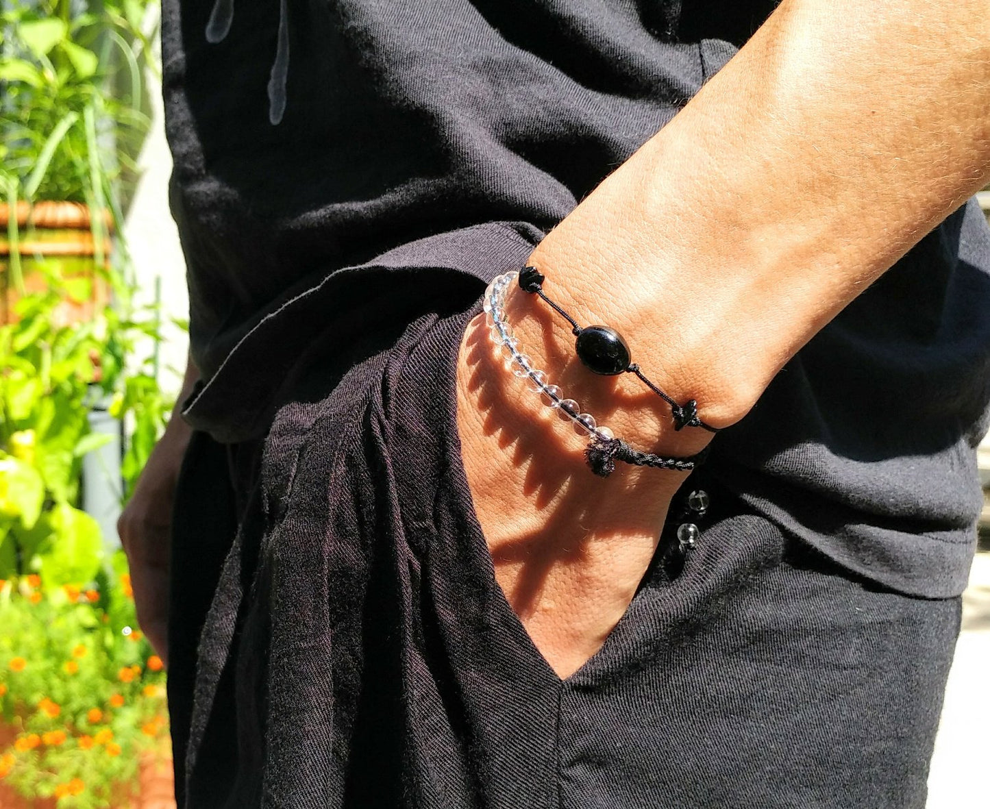 Zwei Armbänder Schwarzer Turmalin Nugget Armband unisex