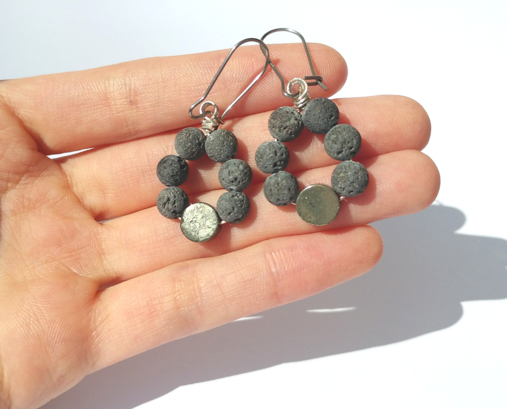 Lava Diffuser Earrings with Pyrite for Essential Oils