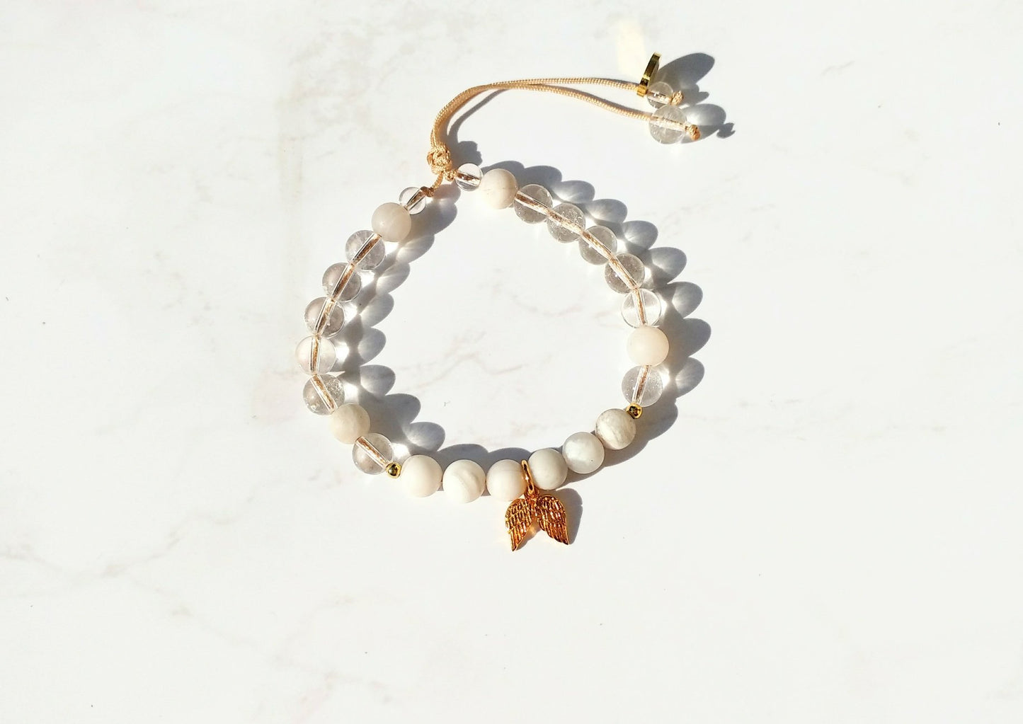 Goldene Engelsflügel Armband - Achat, Bergkristall, Sterlingsilber gold