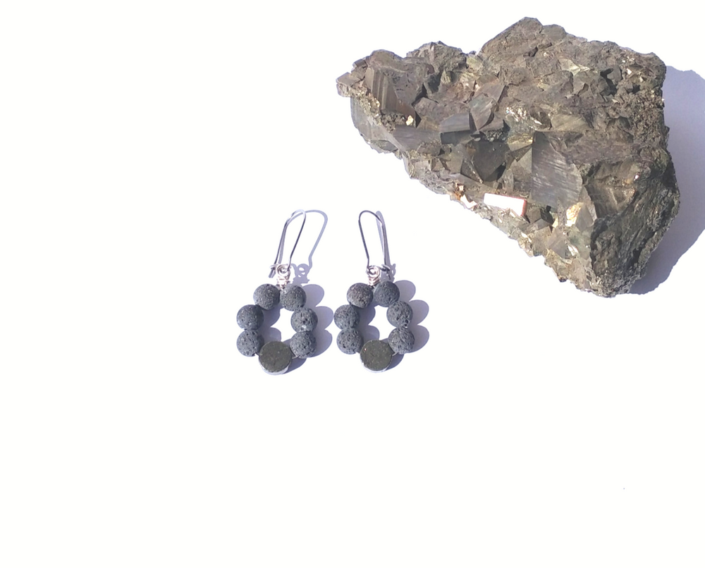 Lava Diffuser Earrings with Pyrite for Essential Oils