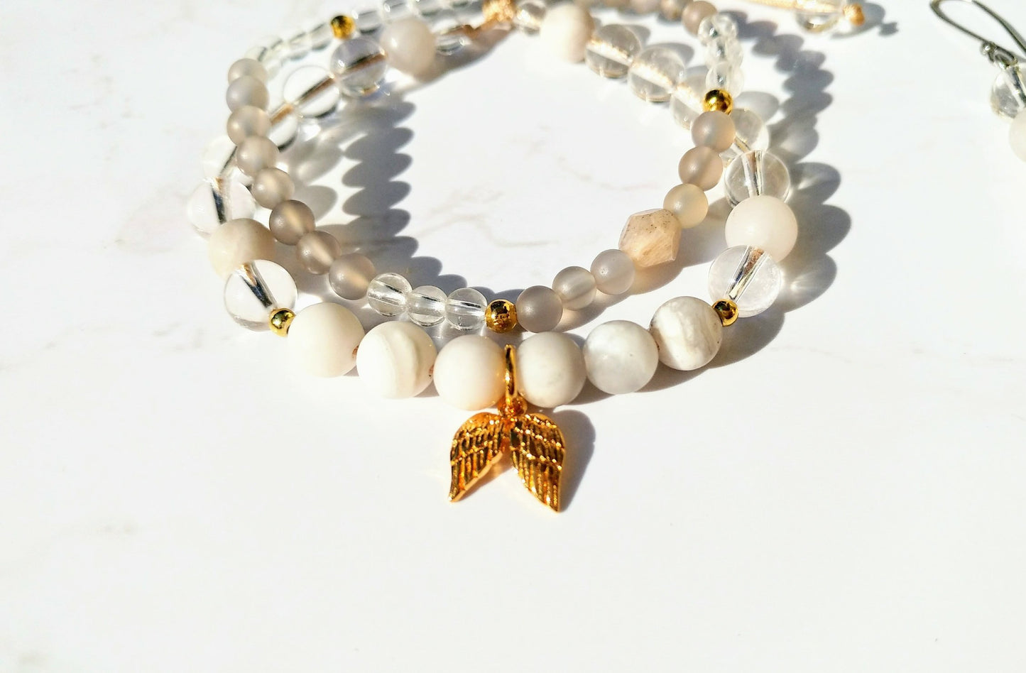 Goldene Engelsflügel Armband - Achat, Bergkristall, Sterlingsilber gold