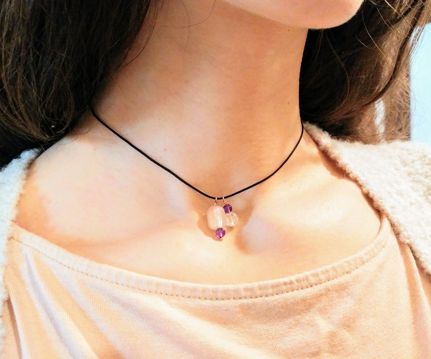 Goldenes Dreieck Halskette | Rosenquarz Bergkristall Amethyst