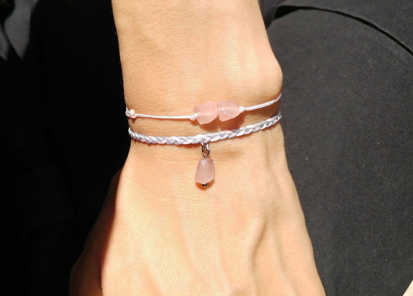 Rosenquarz Armband geflochten | rosa grau