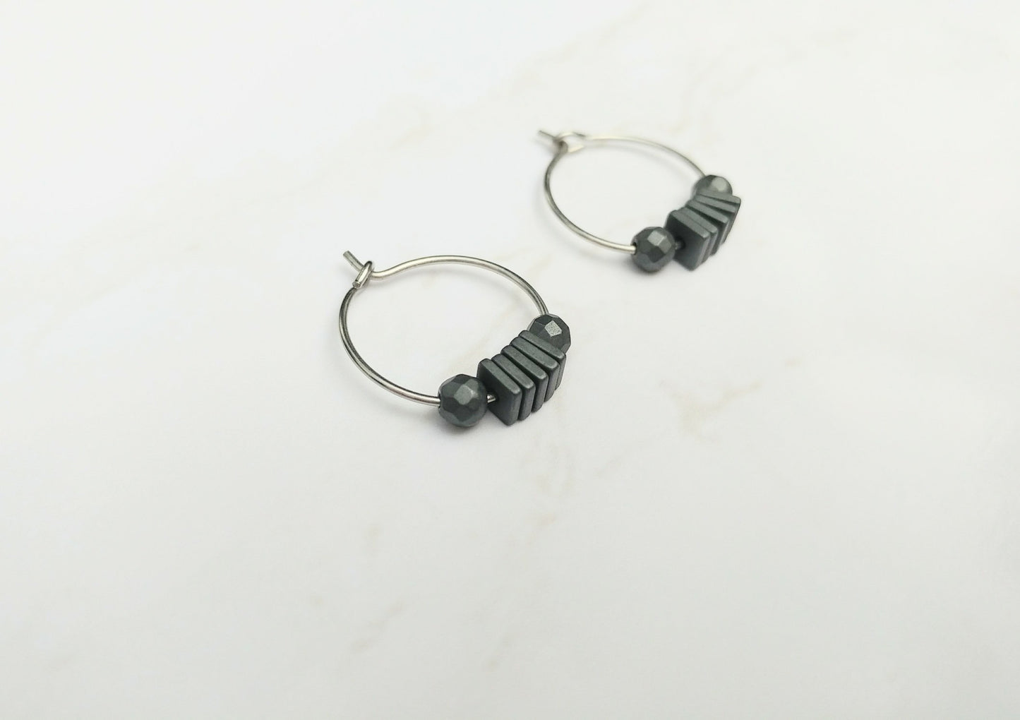 Mini Hoop Earrings Stainless Steel & Hematite | silver or gold