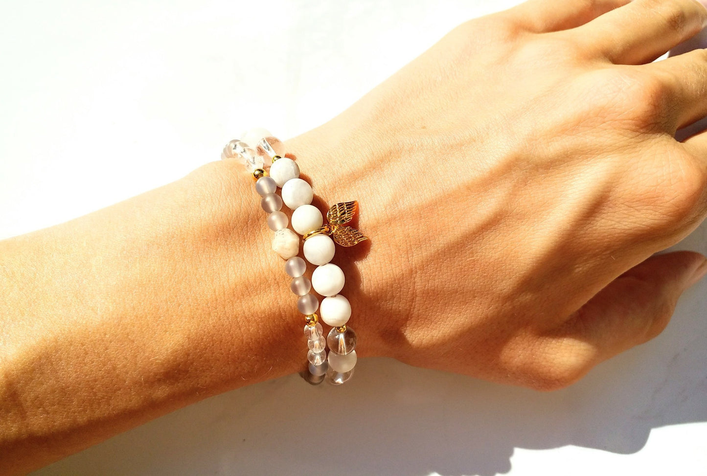 Goldene Engelsflügel Armband - Achat, Bergkristall, Sterlingsilber gold