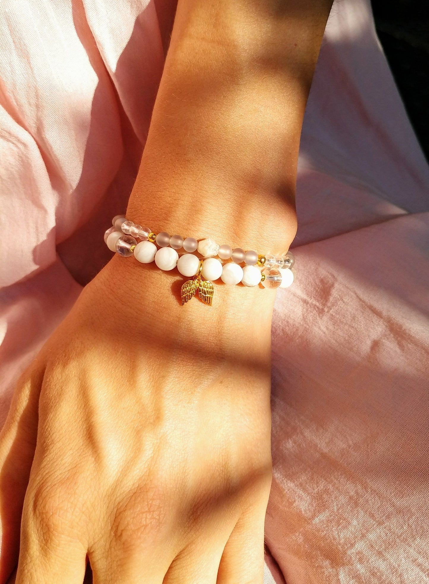 Goldene Engelsflügel Armband - Achat, Bergkristall, Sterlingsilber gold