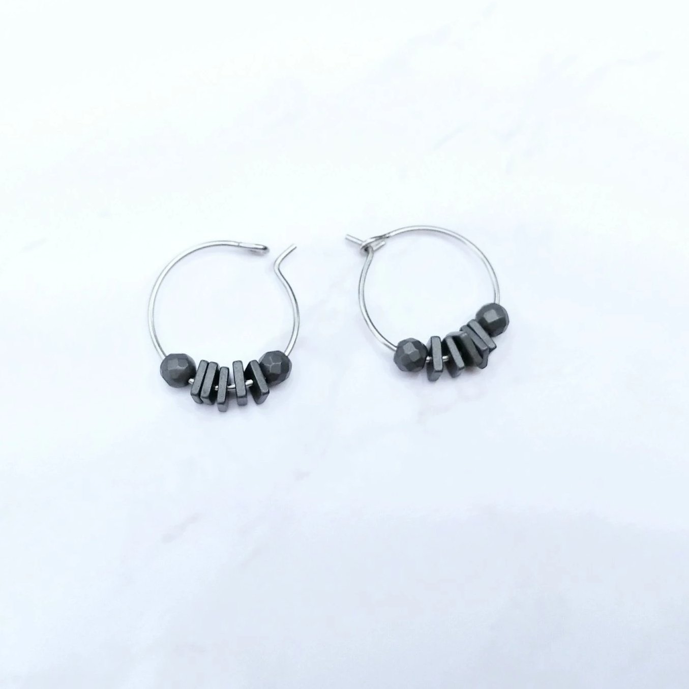 Mini Hoop Earrings Stainless Steel & Hematite | silver or gold