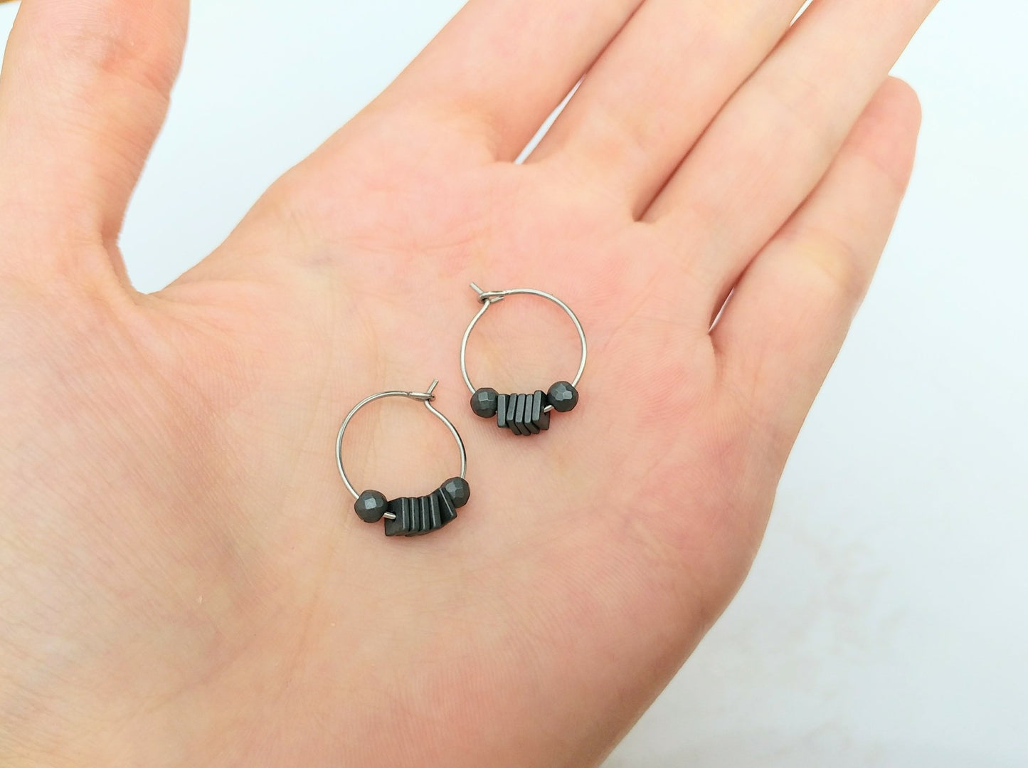 Mini Hoop Earrings Stainless Steel & Hematite | silver or gold