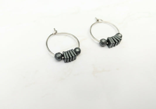 Mini Creolen Edelstahl & Hämatit | silber oder gold