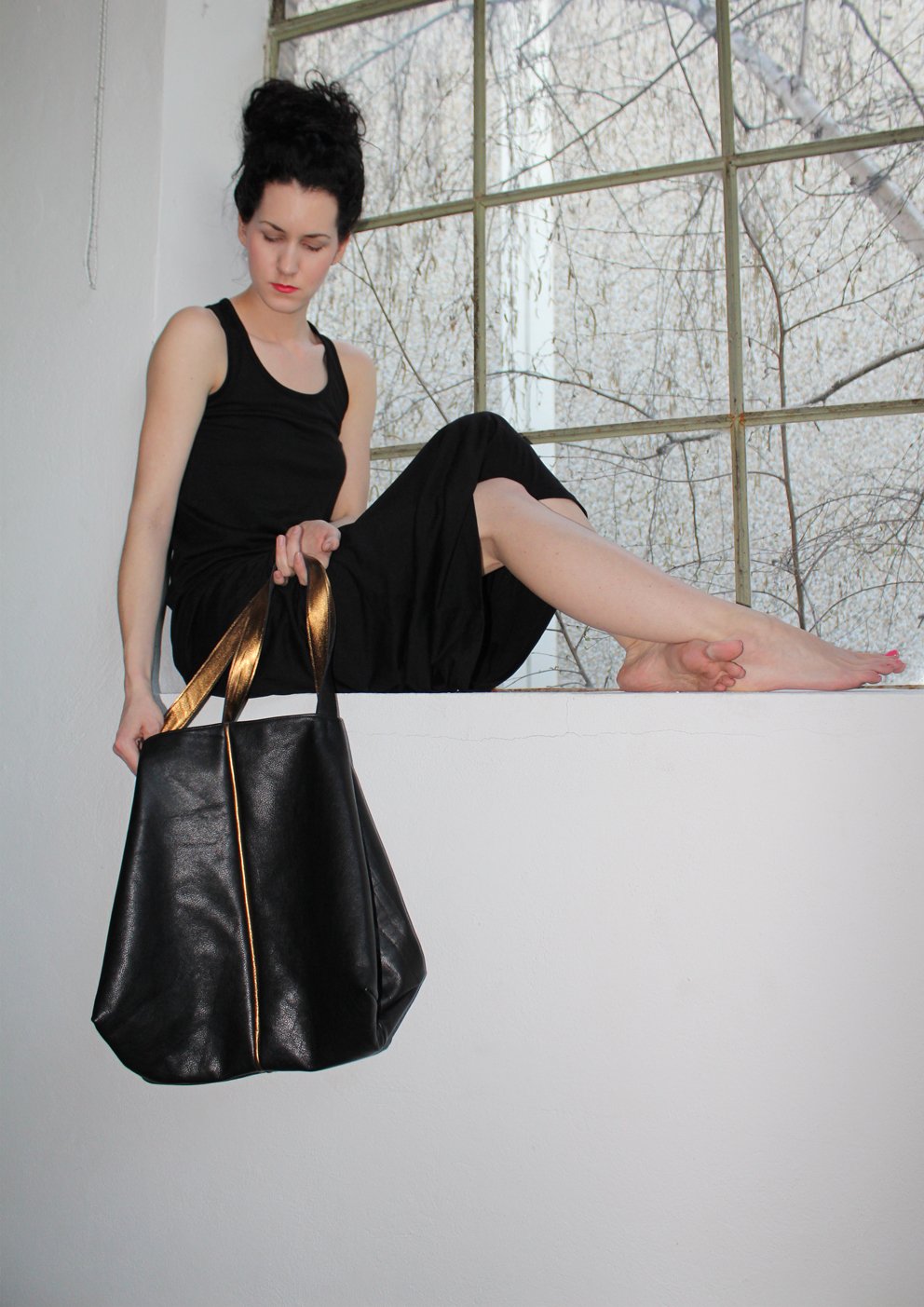 XL Leder Shopper schwarz bronze "Trape"