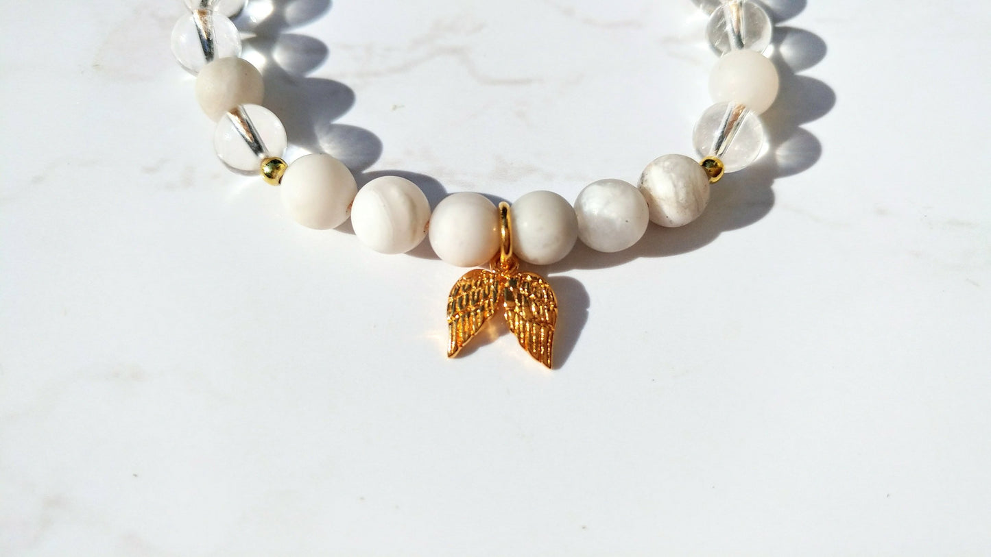 Goldene Engelsflügel Armband - Achat, Bergkristall, Sterlingsilber gold