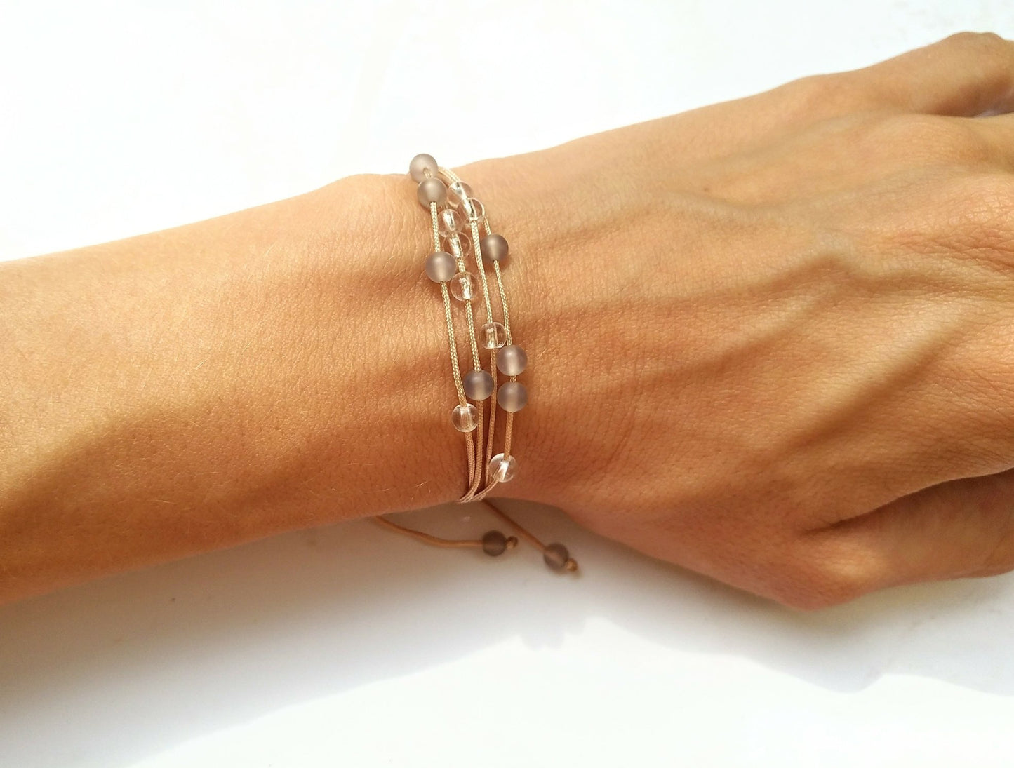 Mehrreihiges Armband - Achat & Bergkristall beige