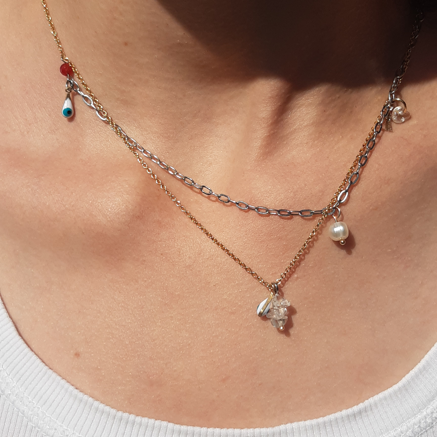Halskette 'Gemini' | Mehrstrangige Kette gold silber | Perle & Edelstein