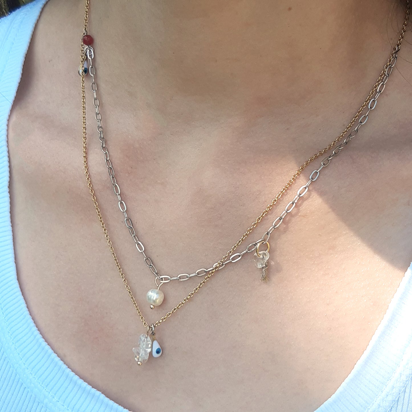 Halskette 'Gemini' | Mehrstrangige Kette gold silber | Perle & Edelstein
