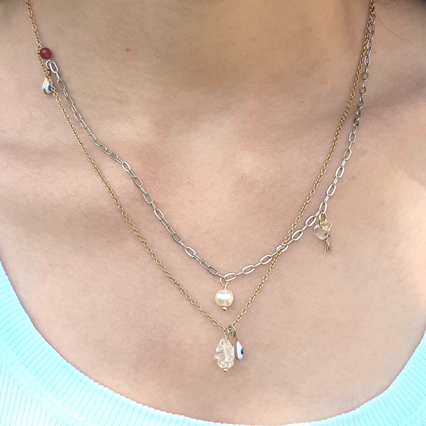 Halskette 'Gemini' | Mehrstrangige Kette gold silber | Perle & Edelstein