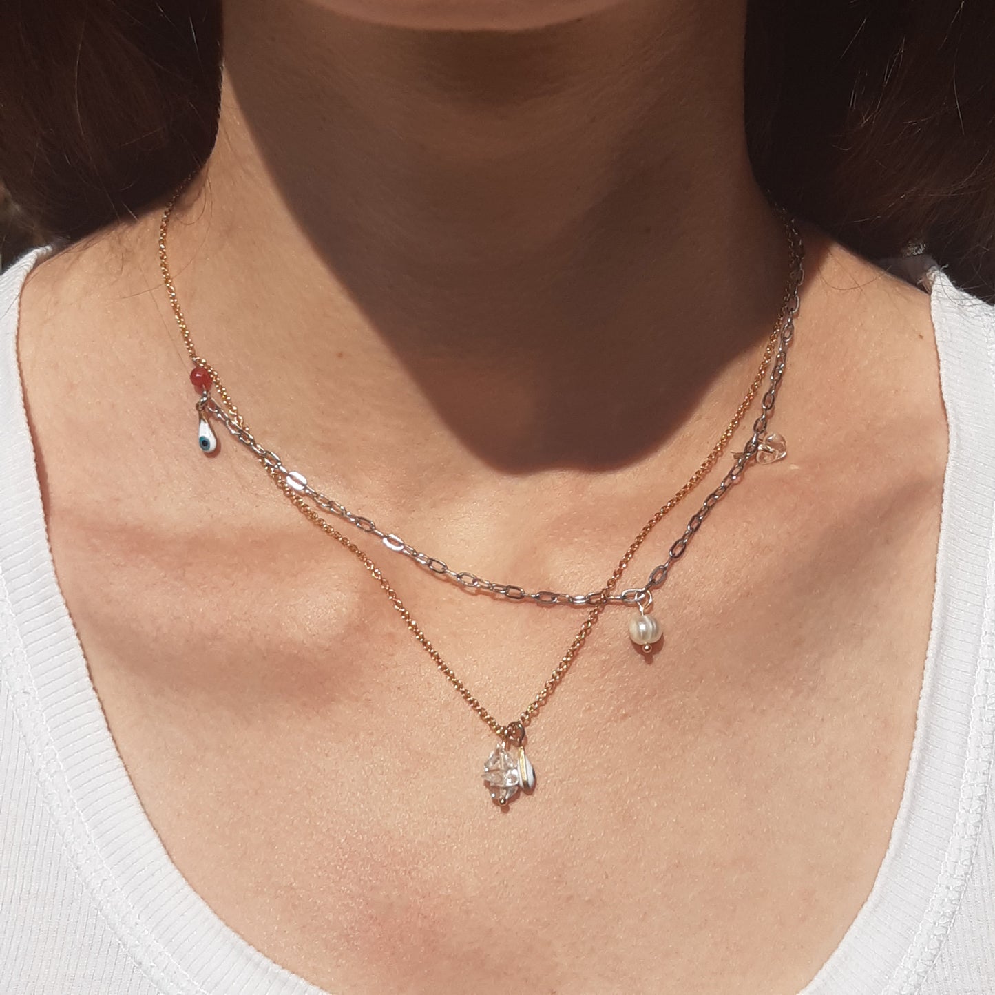 Halskette 'Gemini' | Mehrstrangige Kette gold silber | Perle & Edelstein