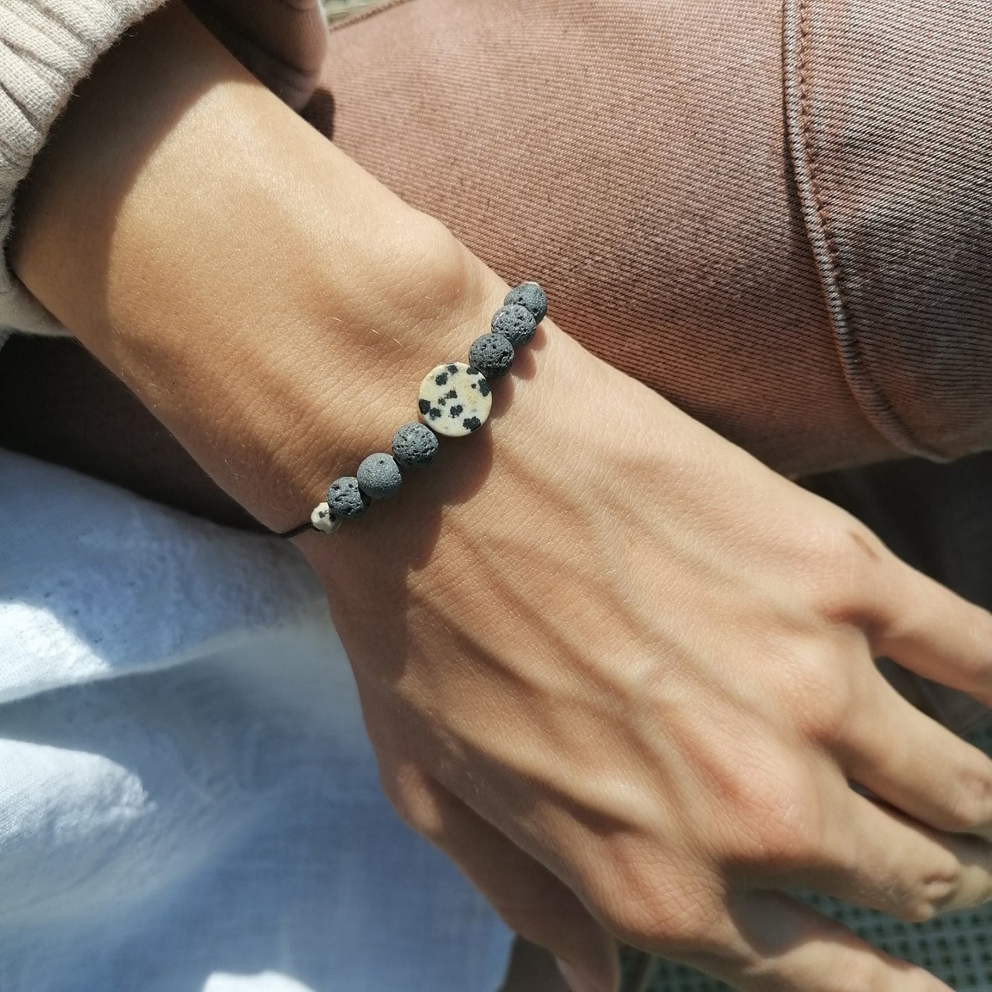 Lava & Jaspis Armband schwarz beige | Aromatherapie Schmuck