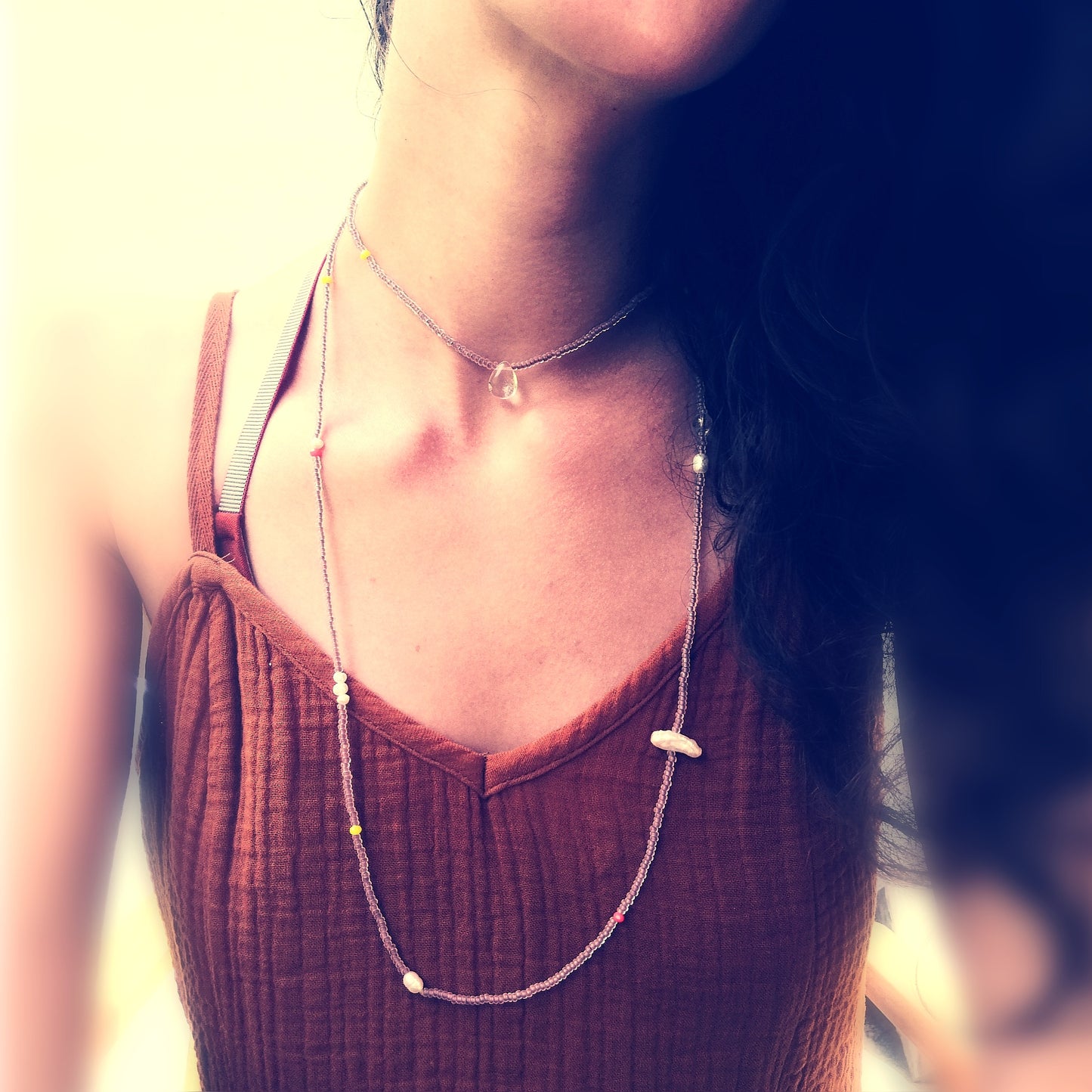 Long necklace with pearls | matt brown white neon | Infinity necklace