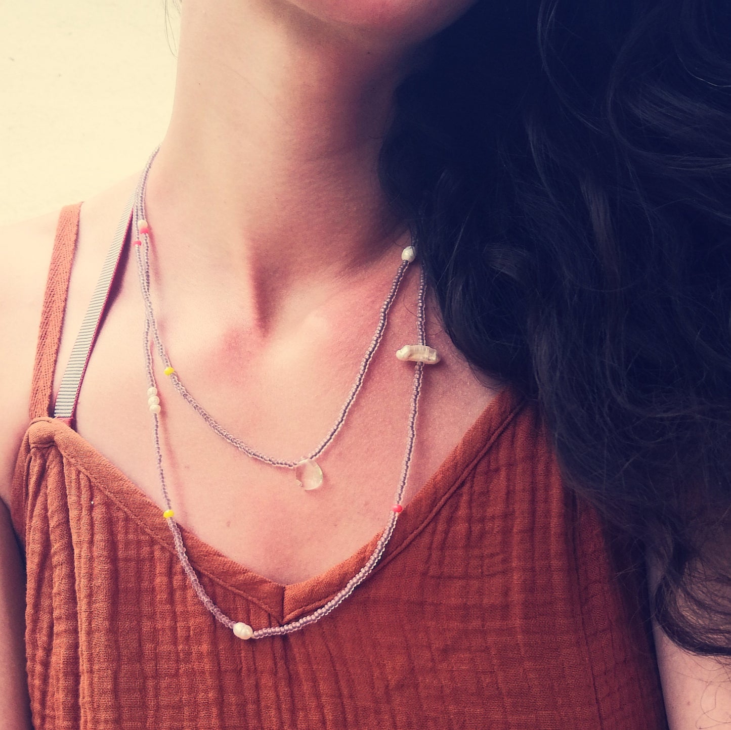 Long necklace with pearls | matt brown white neon | Infinity necklace