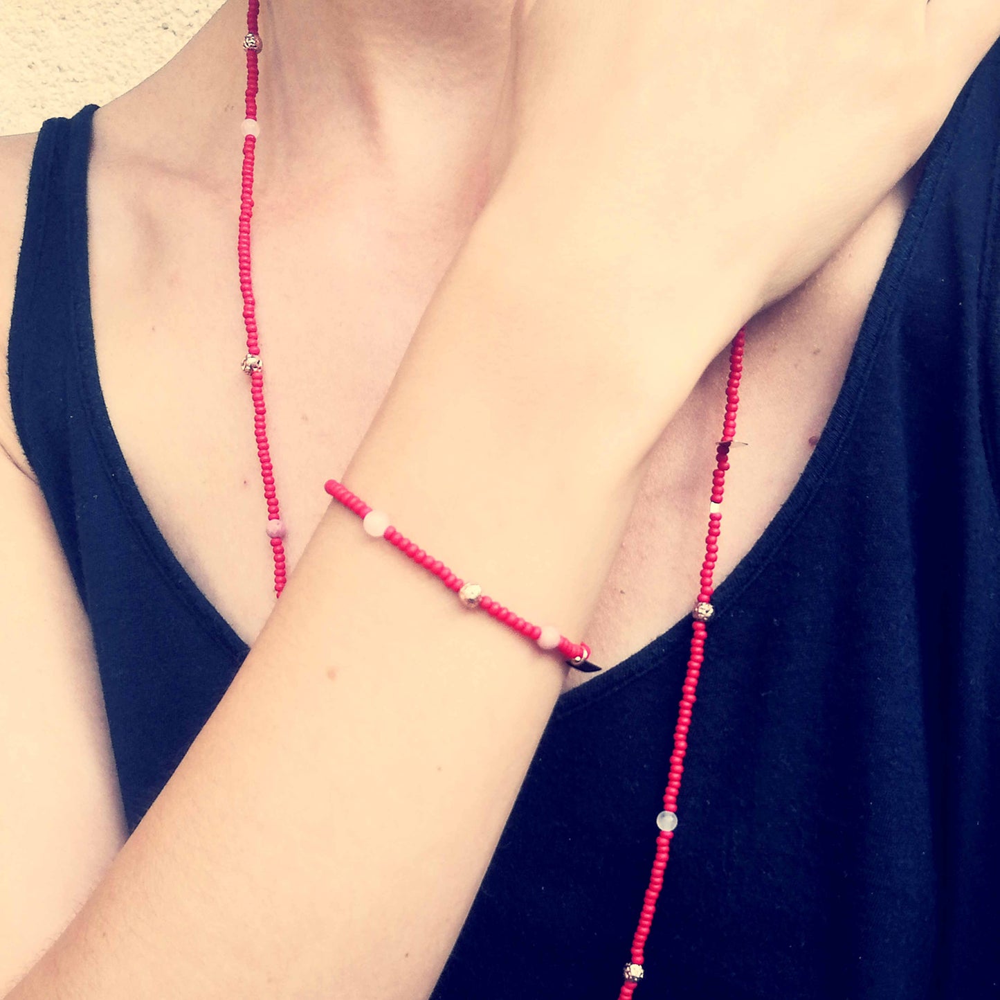 Armband rot rosa roségold | Rosenquarz Rhodochrosit
