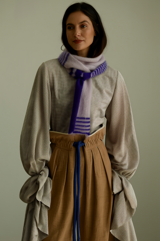 Model trägt langen, federleichten Baby Alpaka Skinny Schal in Flieder/Violett. Zeigt den Schal mehrmals um Hals gewickelt.