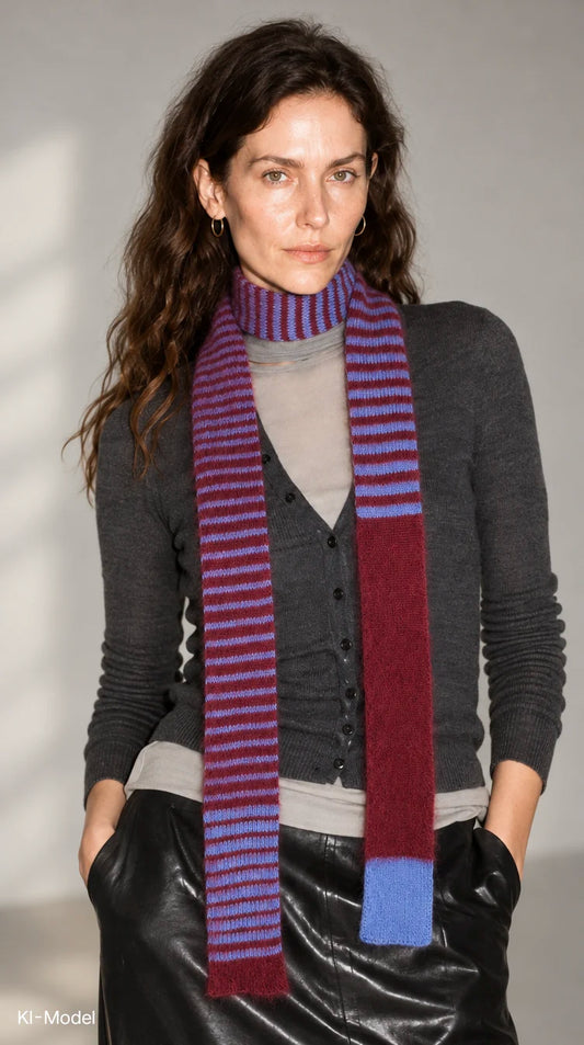 Schmaler langer Schal – Luxuriöser Merino/Mohair-Mix in Weinrot und Blau