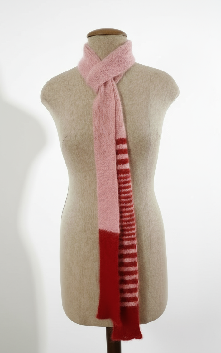 Statement Fluffy Skinny Schal – Mohair & Wolle in Rosa & Rot – Extra Lang (250cm) Unikat