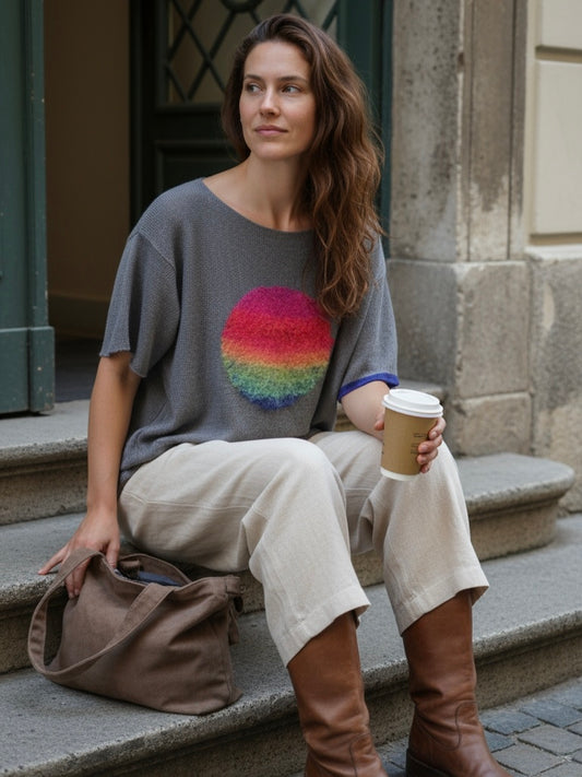 Leinen-Mohair Oversize T-Shirt mit handgestrickter Intarsie in Graz und Regenbogenfarben, getragen von Frau, die auf Altbau Stufen sitzt.