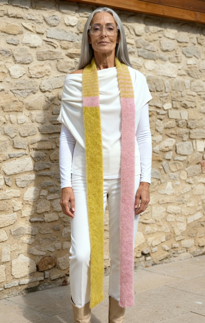 Unikat Fluffy Skinny Schal – Mohair/Wolle in Chartreuse & Rosa – Extra Lang (250cm)