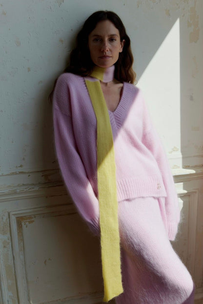 Unikat Fluffy Skinny Schal – Mohair/Wolle in Chartreuse & Rosa – Extra Lang (250cm)