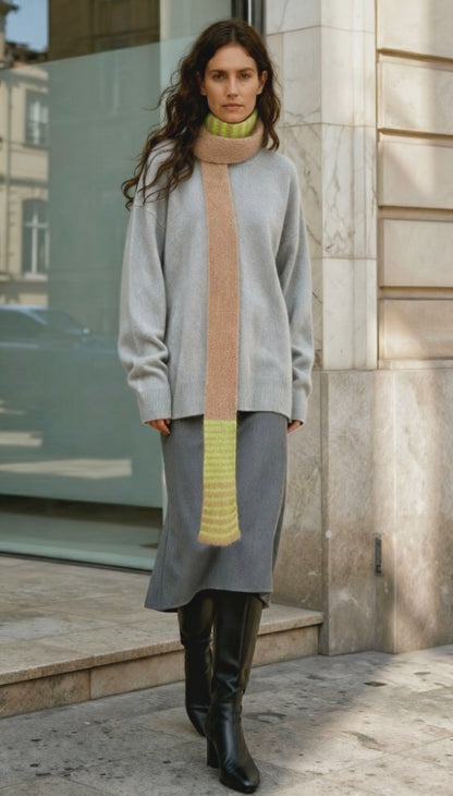 Skinny Schal aus Superkid Mohair-Mix – Unikat in Neon-Gelb & Beige